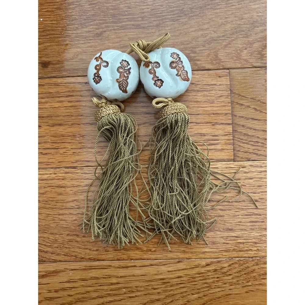 Vintage Ceramic Floral Tassels Curtain Tiebacks Olive Gold Fringe Set of 2